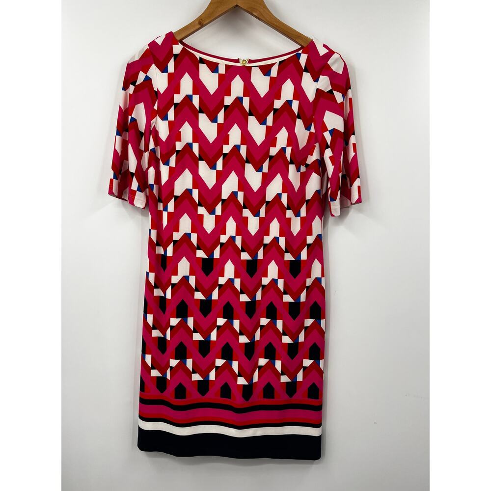 Eliza J Red Geometric Print Short Sleeve Knee Length Shift Dress Size 6P